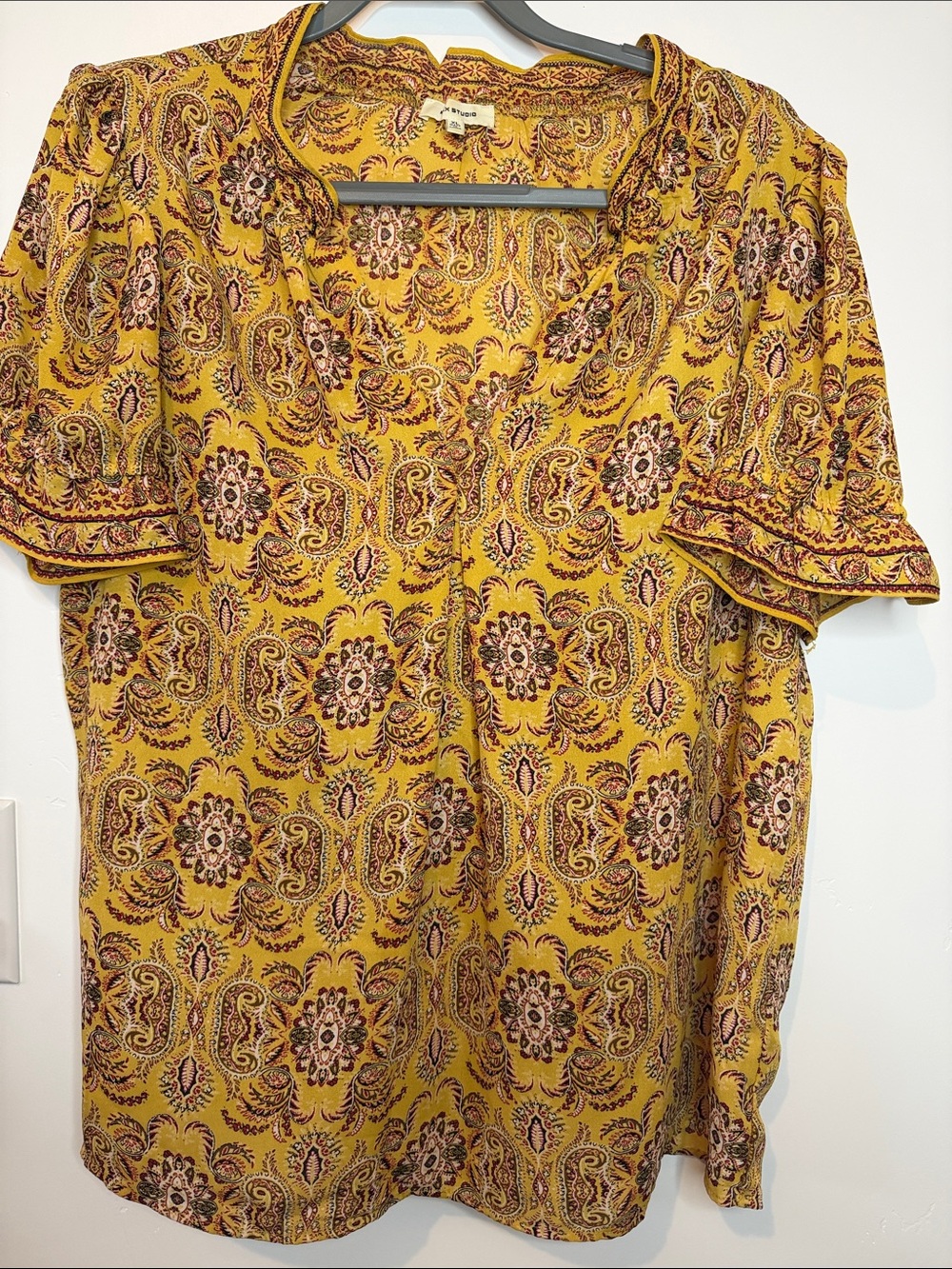 Max Studio Mustard Yellow Paisley Short-Sleeve Blouse